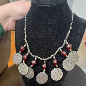 Vintage Silver and Red Coin Necklace